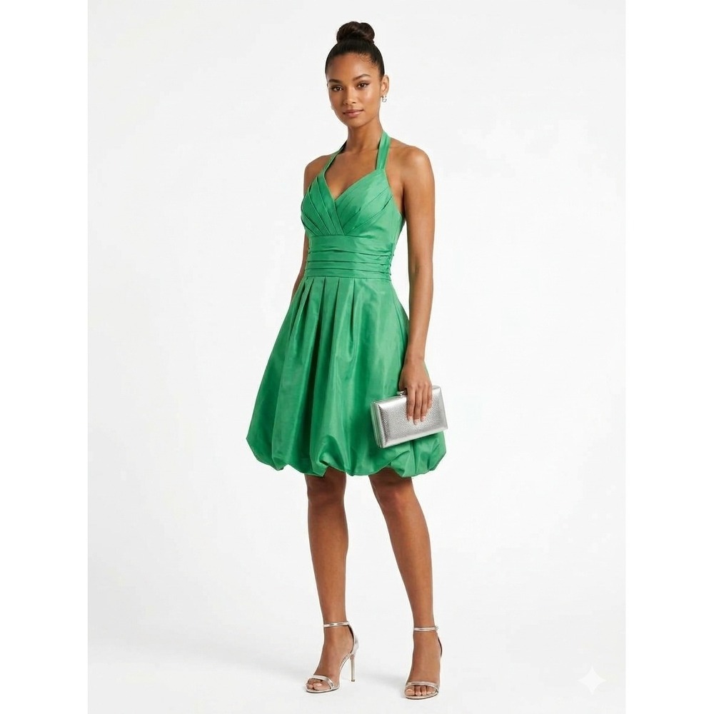 Davids Bridal Green Bubble Hem Halter Dress Pleated Bodice Size 8 Siren Hoco